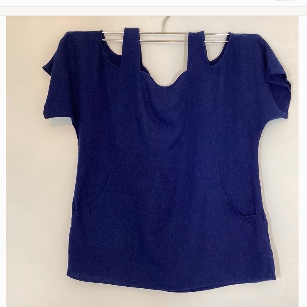 Soft Surroundings Navy Linen Cold Shoulder Blouse Sz L